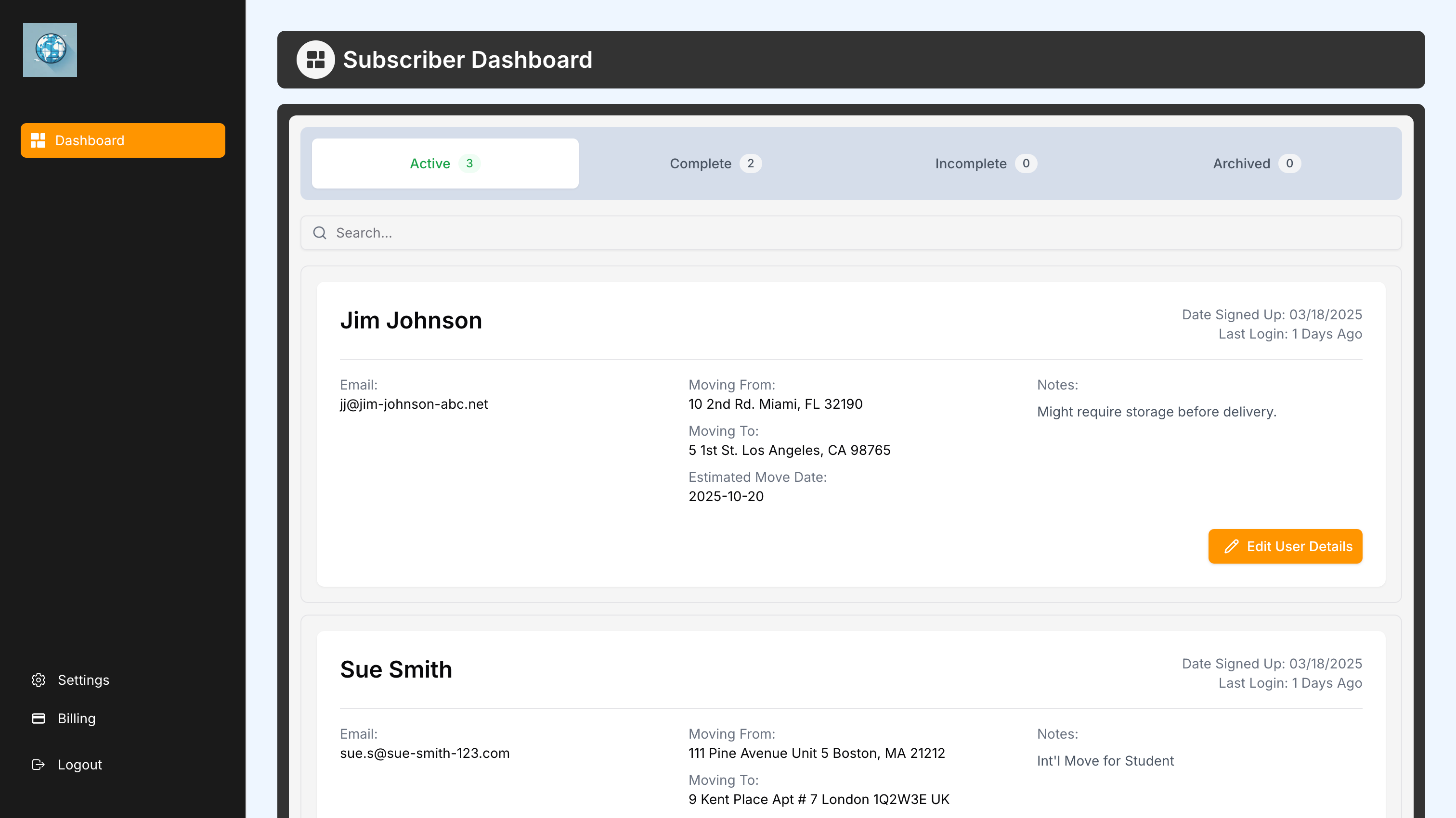 Subscriber Dashboard - Desktop View